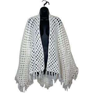 Vtg White Crochet 70s Shawl Wrap Fringe Chunky Boho Hippie Festival‎ Cottagecore